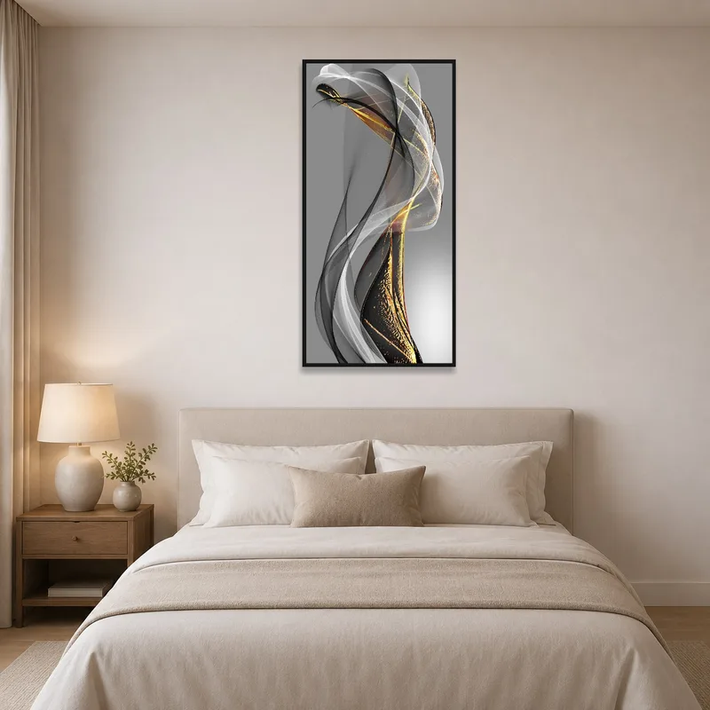 Serene vertical art print above a bed with soft linens.