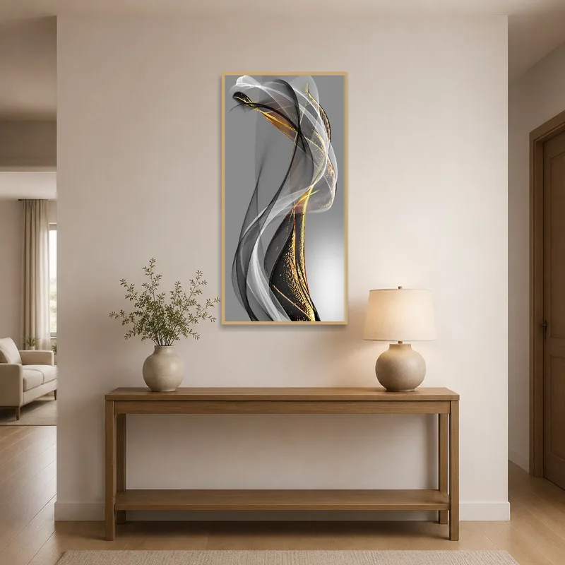 Art print adding interest to an entrance hall with a sleek console table.