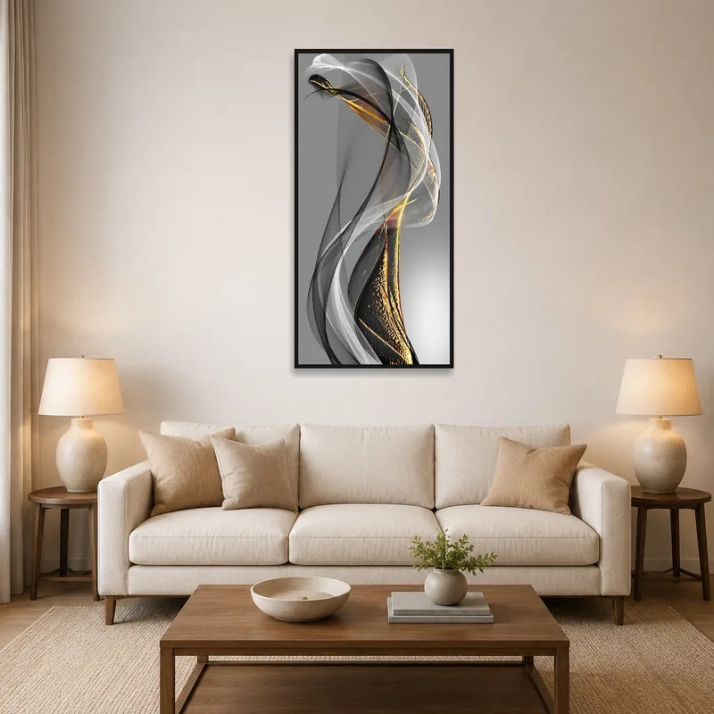 Abstract vertical art print in a living room with modern furnishings.