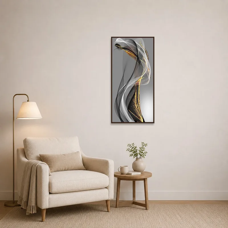 Abstract piece brightens a cozy reading corner with a comfortable chair.