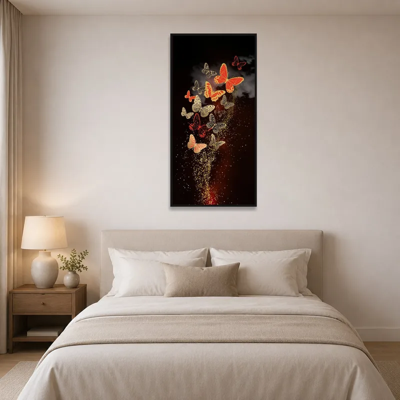Fluttering sparkling butterflies create a serene ambiance in the bedroom.