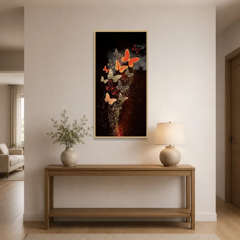 Gold-accented butterfly piece welcomes guests in the entrance hall.