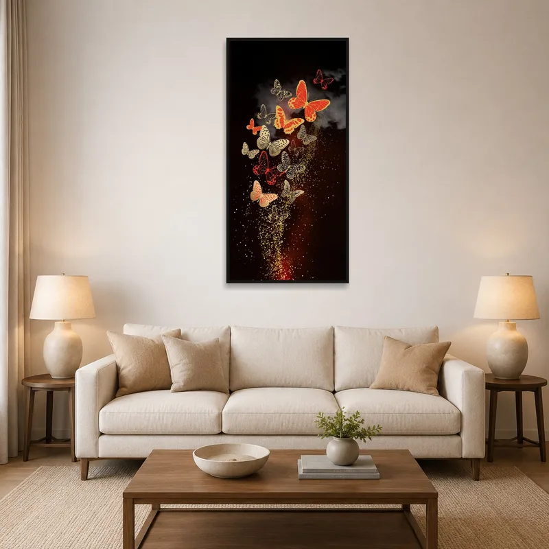 Butterfly artwork with golden glitter adds elegance to a cozy living room.