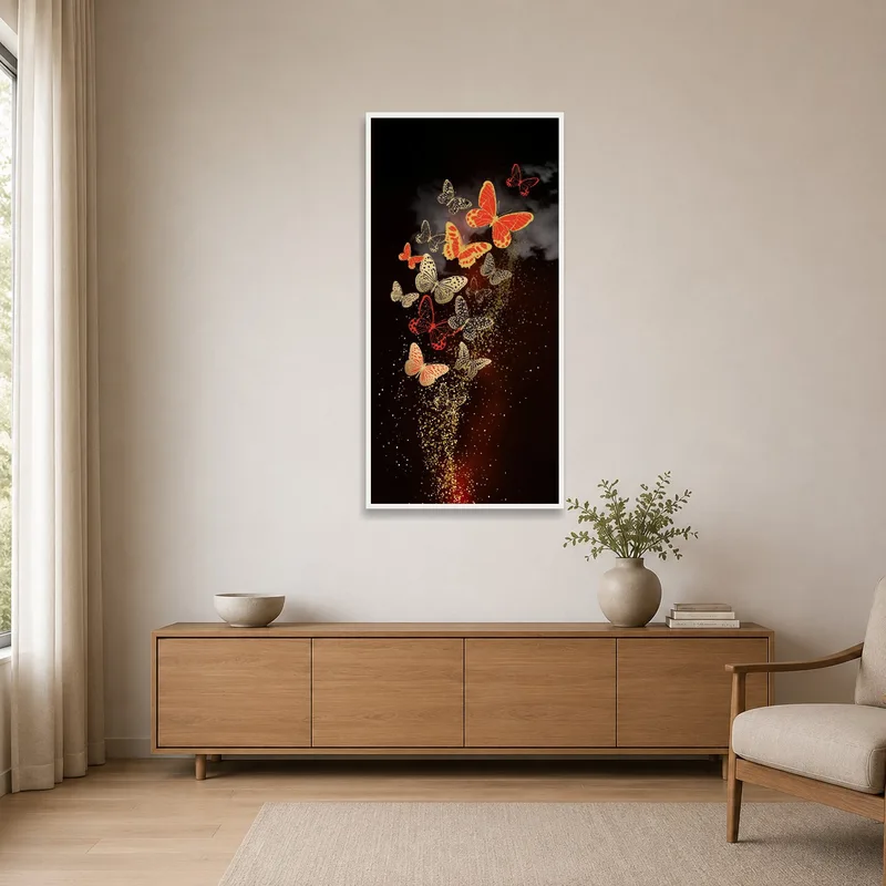 Sleek butterfly artwork enhances a minimalist space with subtle gold shimmer.