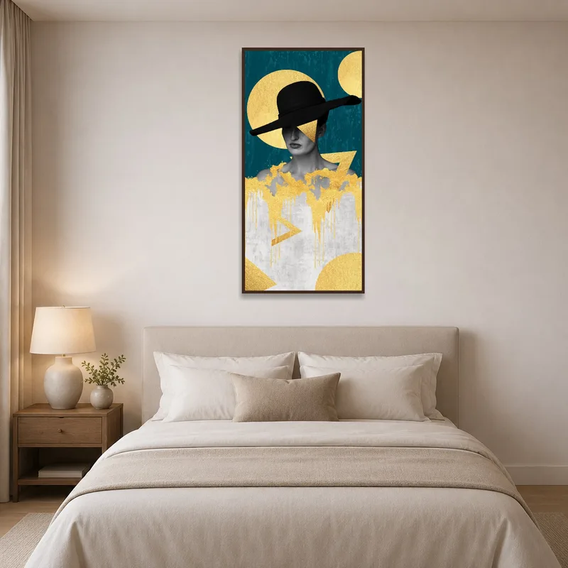 Futuristic collage with gold accents adding warmth to a cozy bedroom.