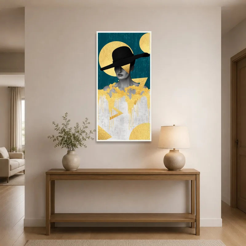 Entrance hall featuring the futuristic collage, adding a touch of elegance.
