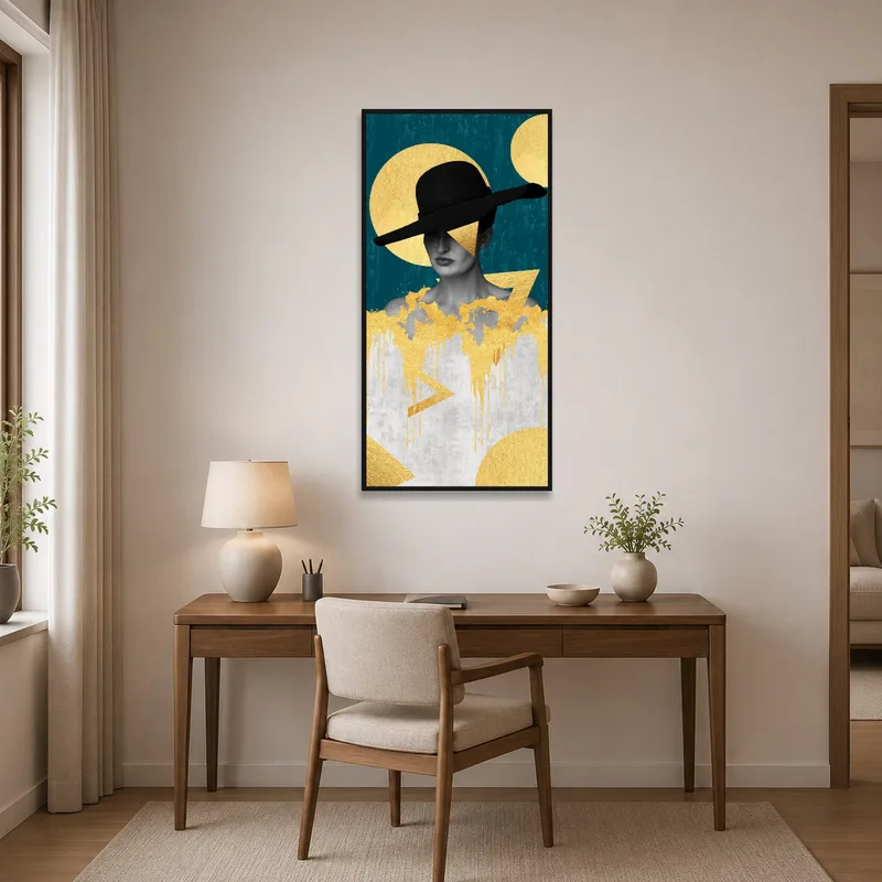 Home office enhanced by a futuristic collage with golden touches and a hat.