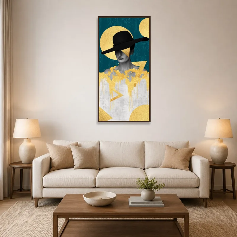 Futuristic collage with gold accents and hat in a stylish living room setting.