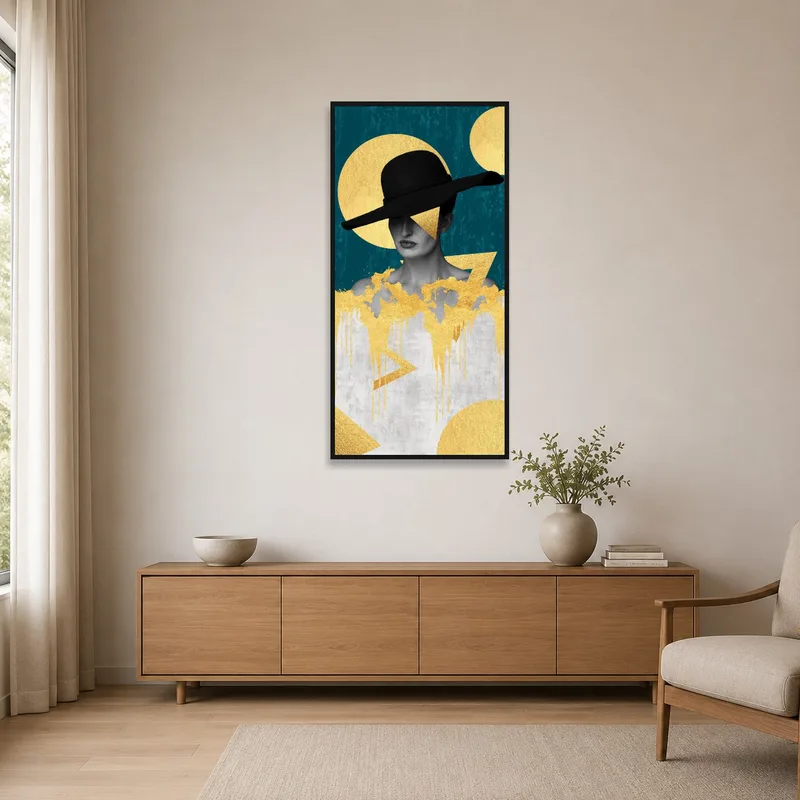 A sleek, minimalist room showcasing the futuristic collage with gold tones.