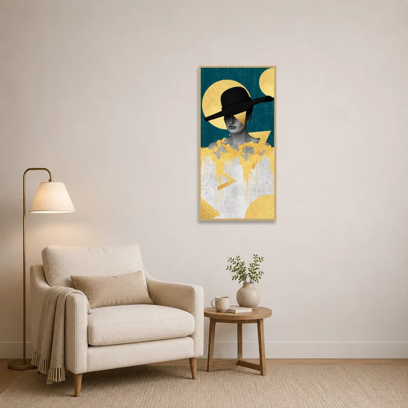 Reading corner adorned with a futuristic collage with gold accents.