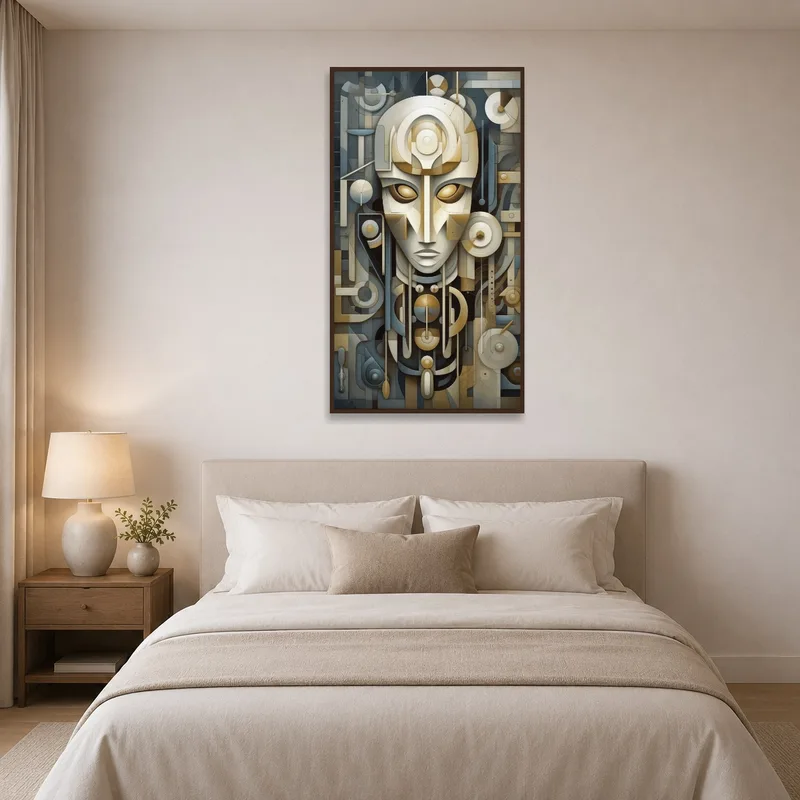 A bedroom enhanced by a futuristic geometric face composition on the wall.