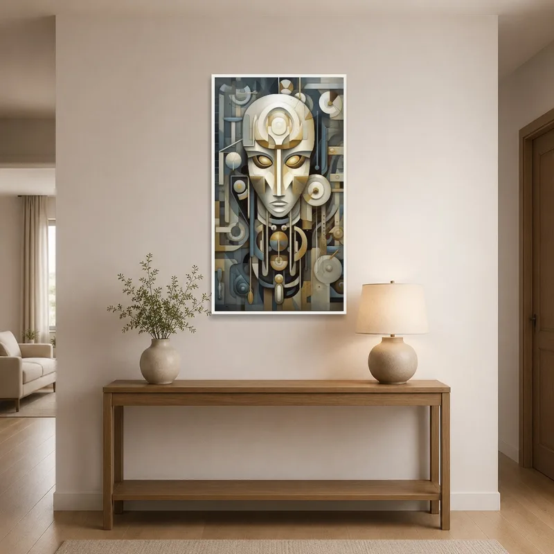 An entrance hall showcasing a captivating futuristic face geometric design.
