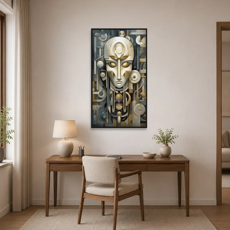 A home office decorated with a striking abstract geometric face artwork.