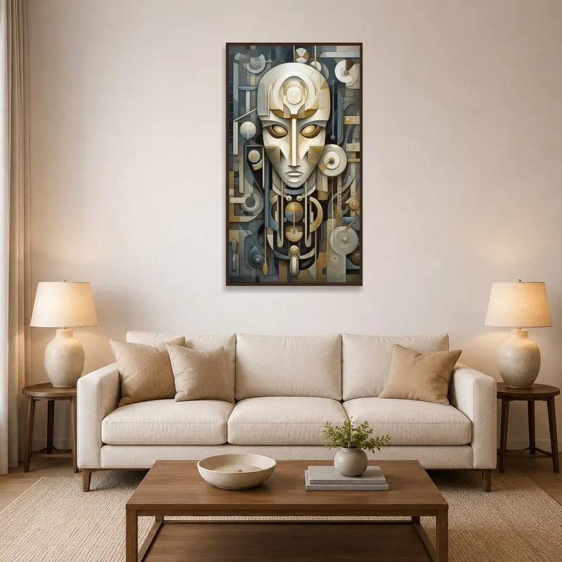 A living room with a striking futuristic geometric face artwork on the wall.