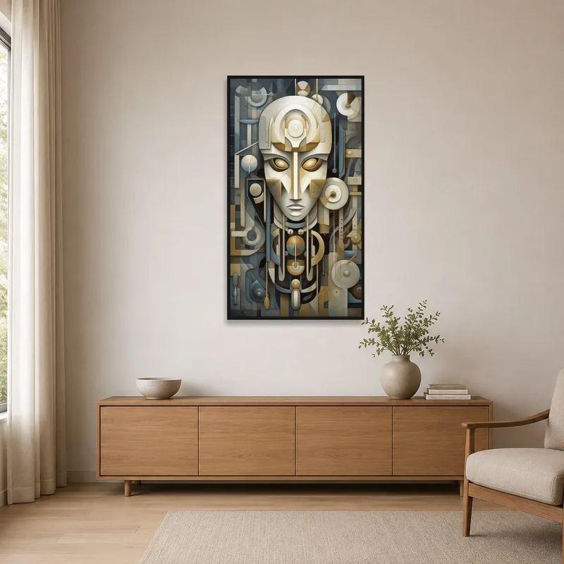 A minimalist space featuring an abstract geometric face composition piece.