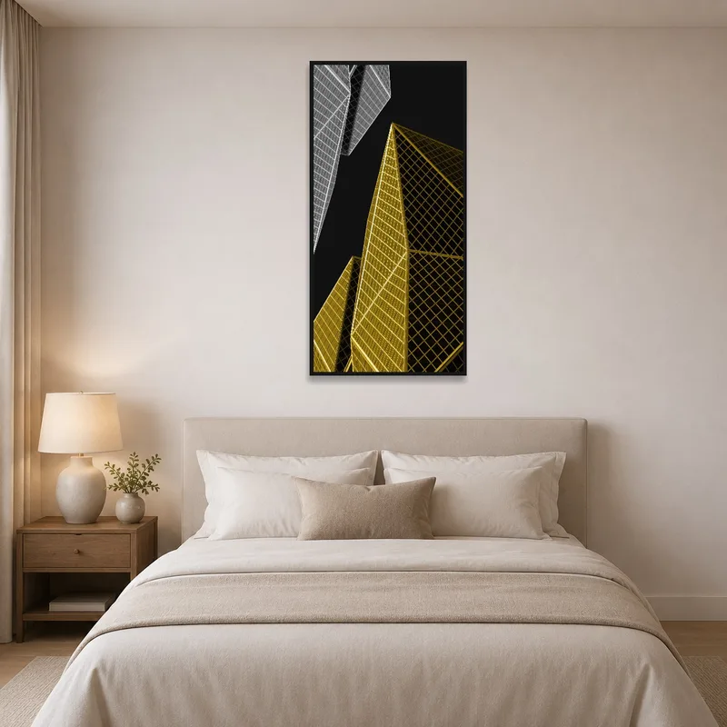 A bedroom showing futuristic geometric urban architecture art on the wall.