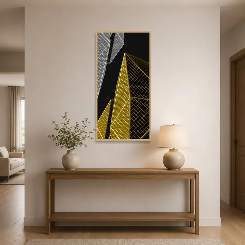 An entrance hall with geometric urban architecture wall art.