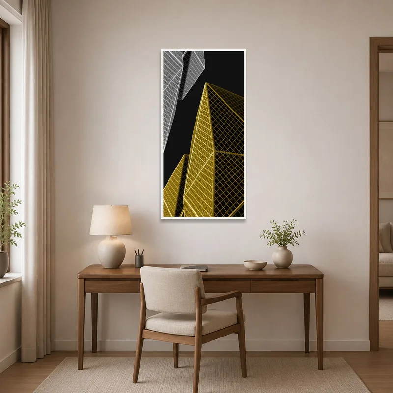 A home office decorated with geometric urban architecture design art.