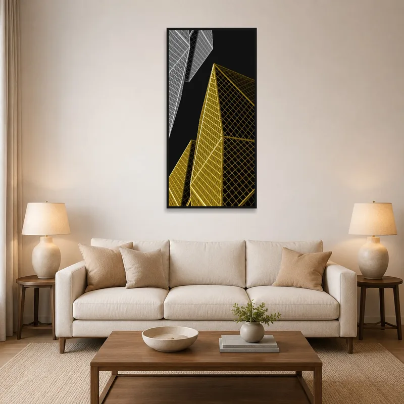 A living room featuring sleek geometric urban architecture art on the wall.