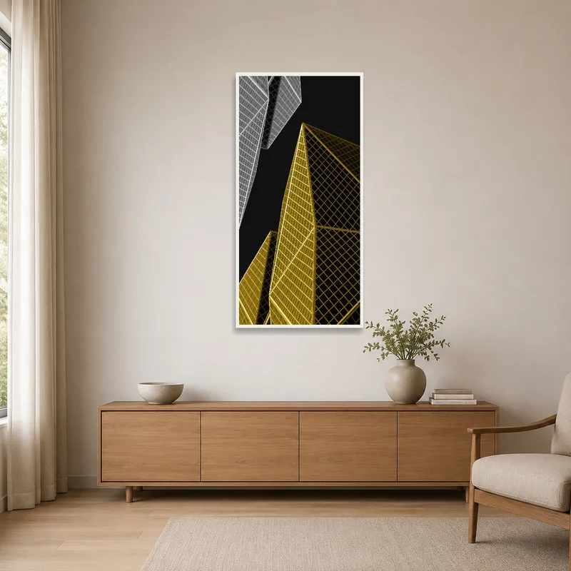 A minimalist space displaying futuristic geometric urban design art.