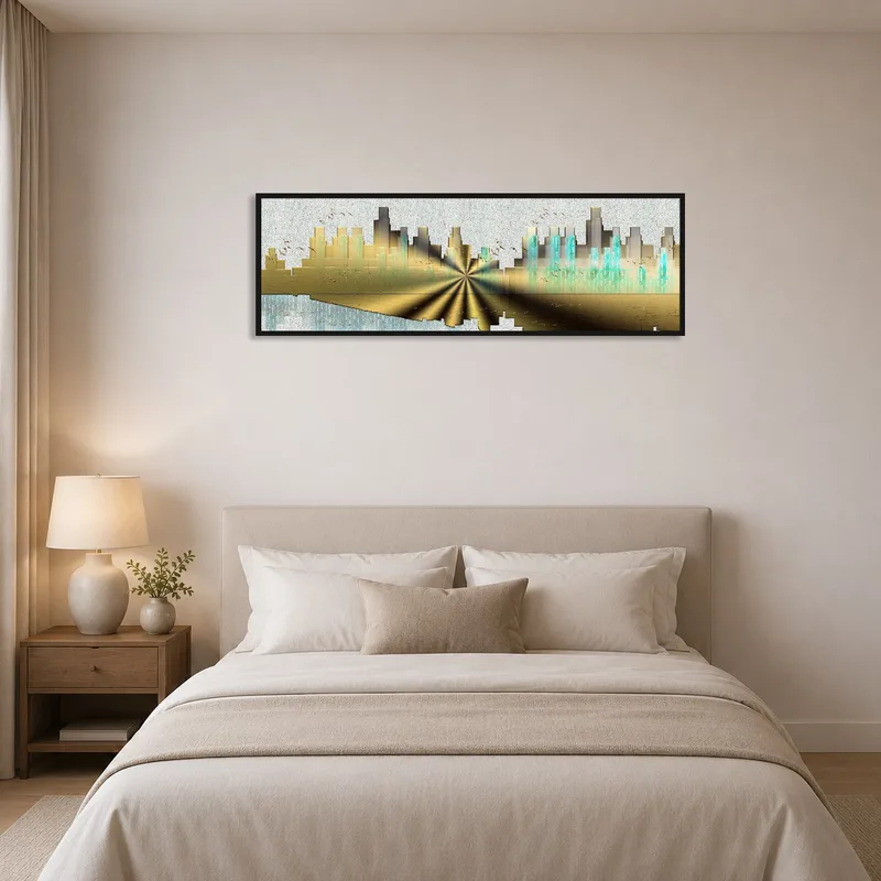A bedroom displaying an abstract city skyline in shades of gold and teal.