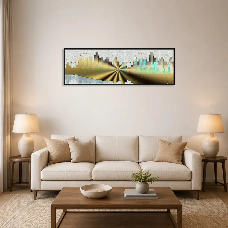A living room with a futuristic skyline artwork in gold and teal on the wall.