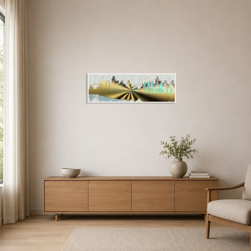 A minimalist room showcasing an abstract cityscape in gold and teal.