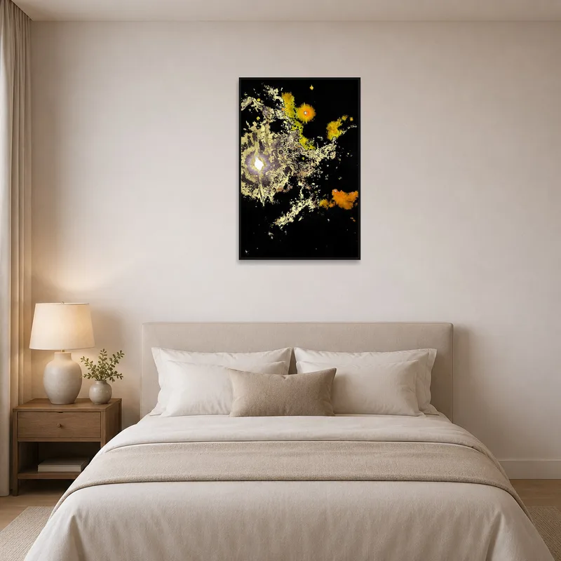 Dreamy galactic art adds elegance to a serene bedroom.