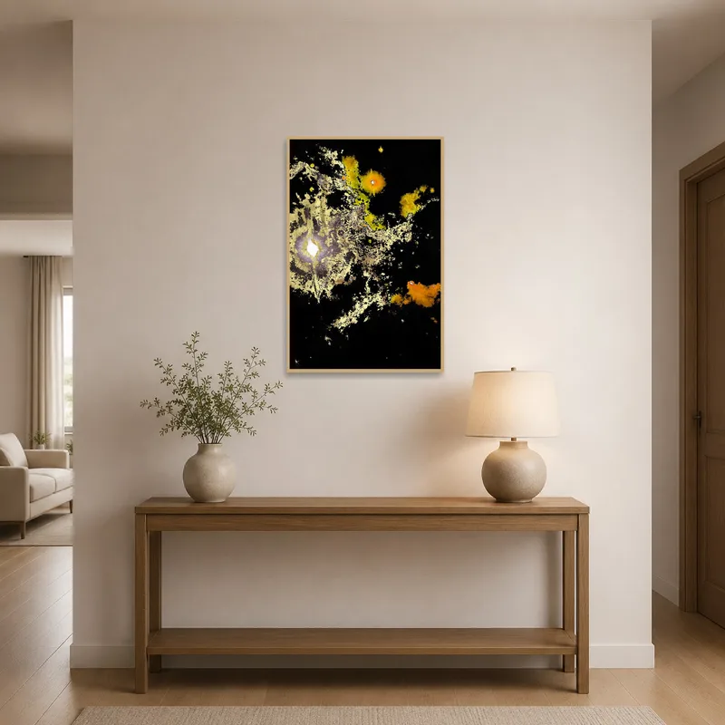 Vibrant dreamscape artwork greeting guests in an entrance hall.