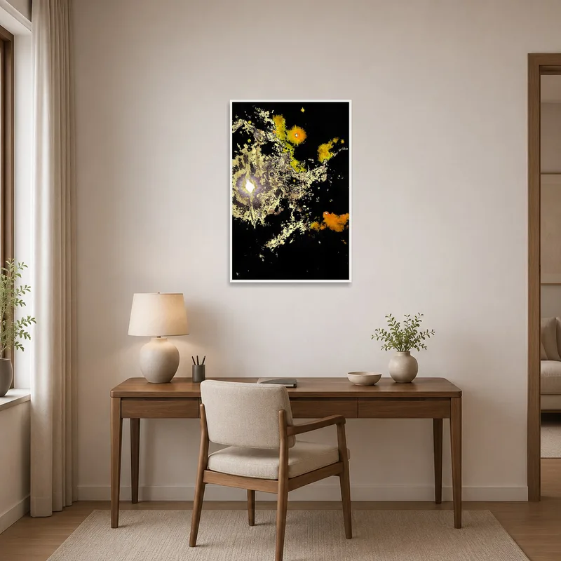 Abstract artwork inspires creativity in an organized home office.