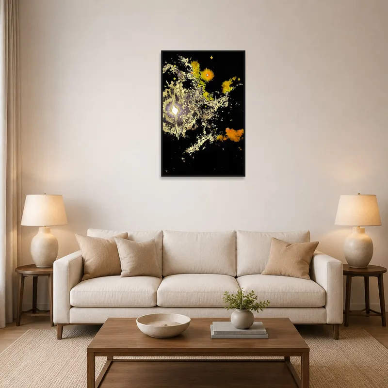 Abstract art print above a stylish sofa in a modern living room.