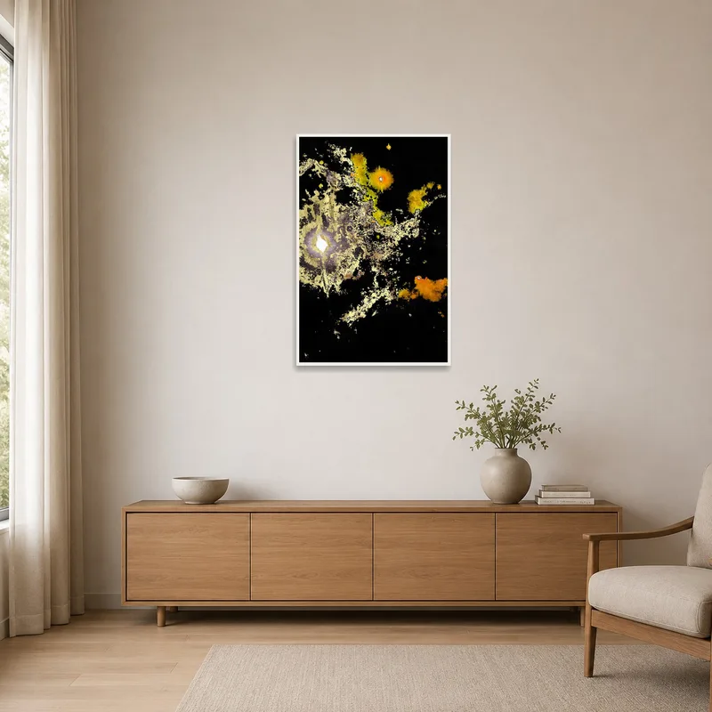 Galactic abstract art on a plain wall in a minimalist space.