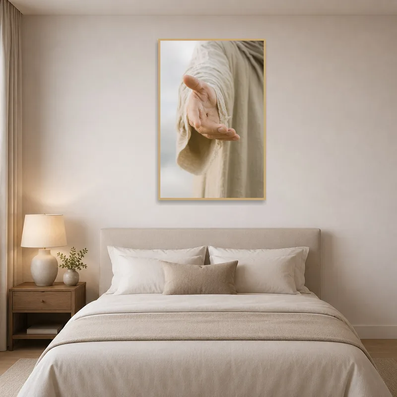 Tranquil hand gesture art creates a calming vibe in the bedroom.