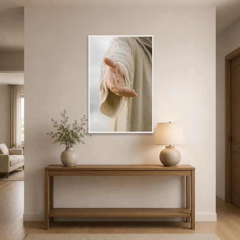 Artwork of a gentle hand gesture welcomes guests in the entrance hall.