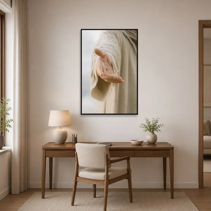 Artwork depicting a gentle hand gesture enhances the home office decor.