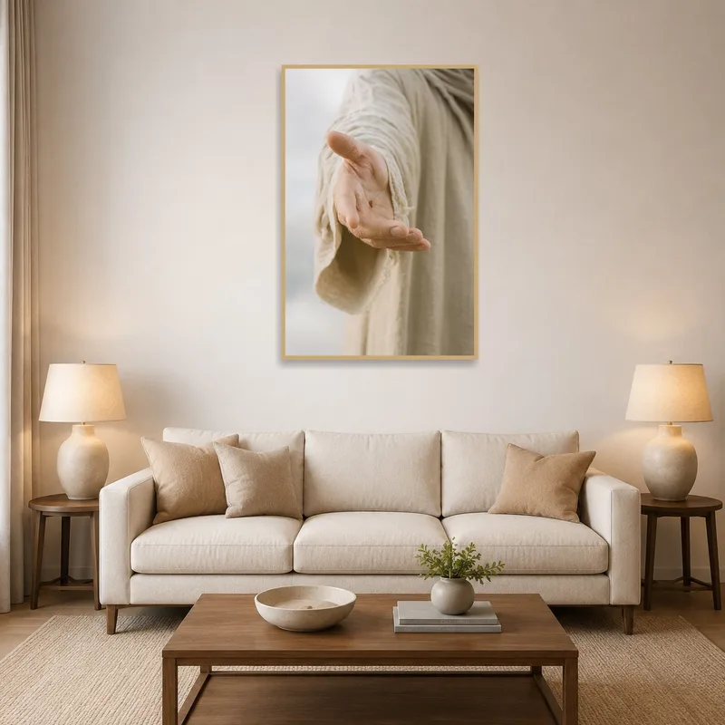 Gentle hand gesture art displayed above a modern living room sofa.