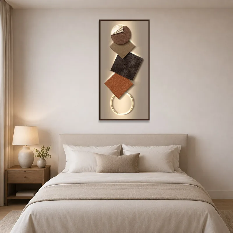 Restful bedroom with geometric abstract earth-toned art above the bed.