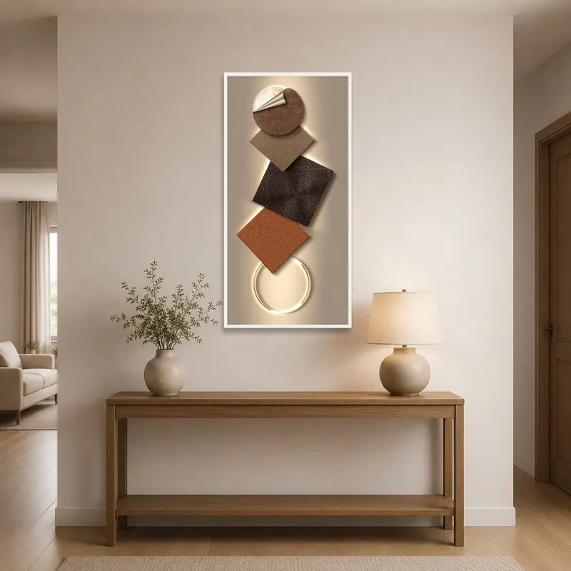 Angular abstract artwork in natural colors adds interest to an inviting entrance hall.