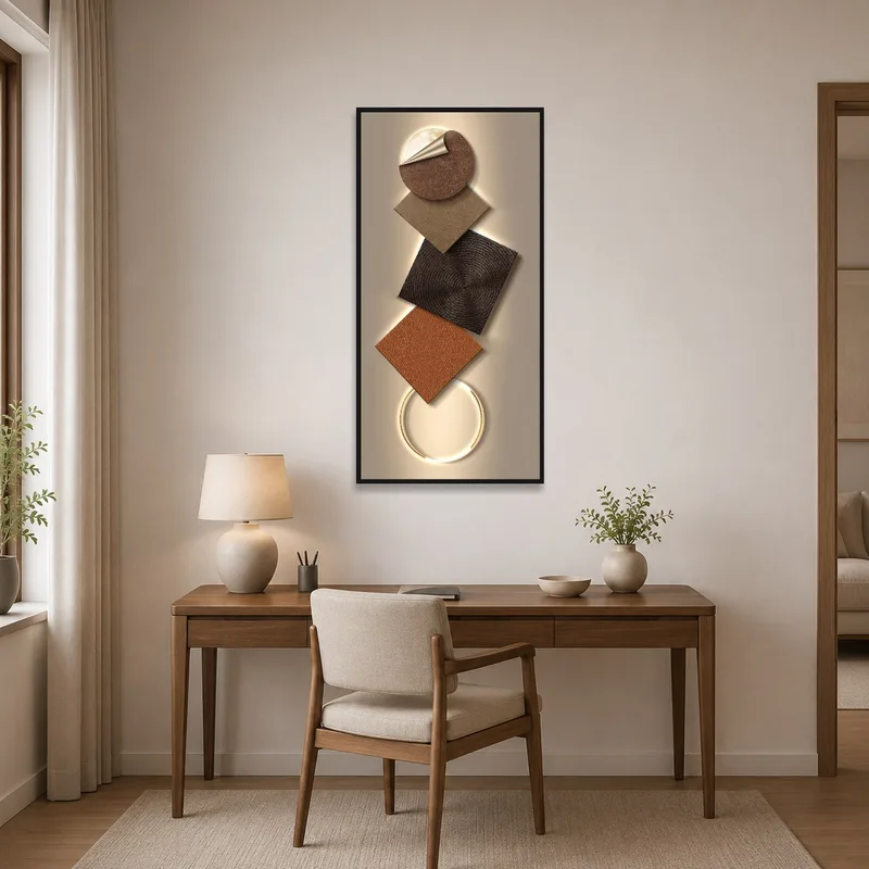 Colorful geometric abstract art providing a creative boost in a home office.