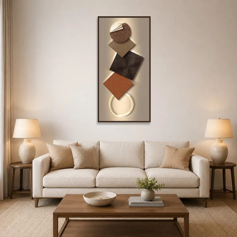 Geometric abstract art in earthy tones displayed above a sofa in a modern living room.