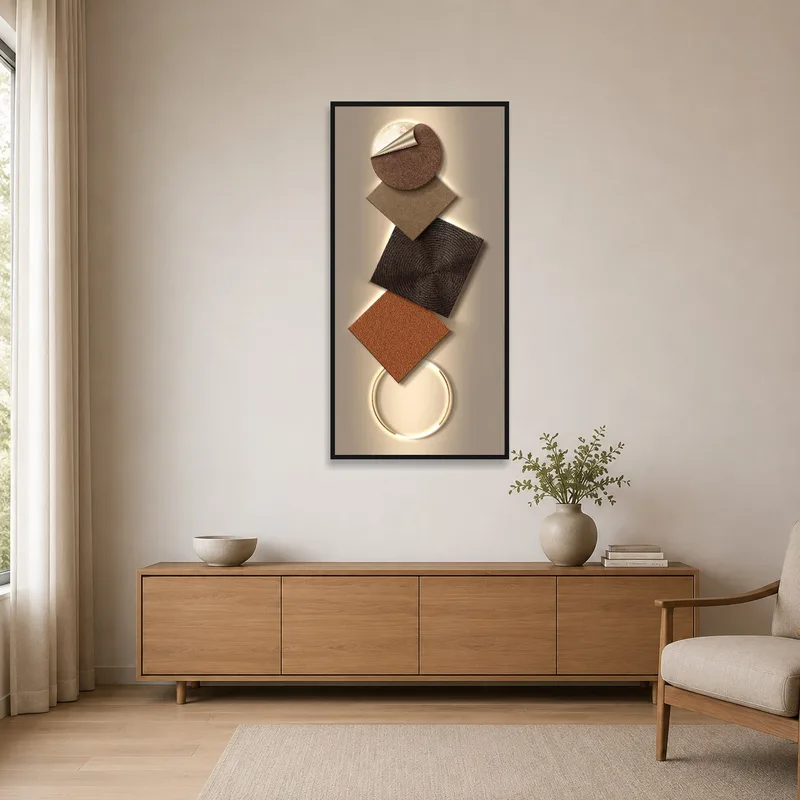 Simple geometric abstract art with earthy hues on a white wall in a minimalist setting.