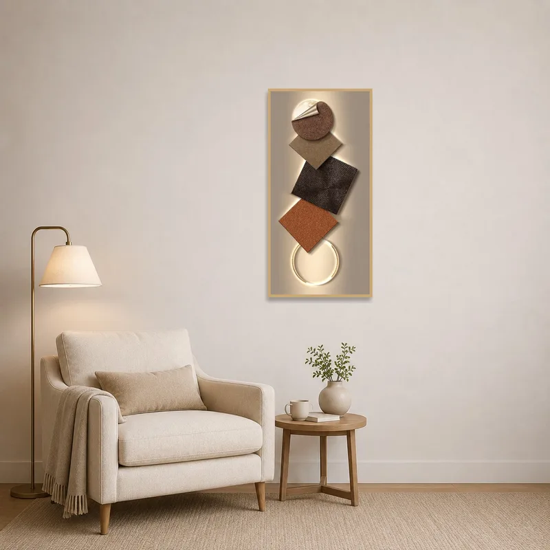 Earthy tone geometric art piece enhancing a cozy reading corner ambiance.