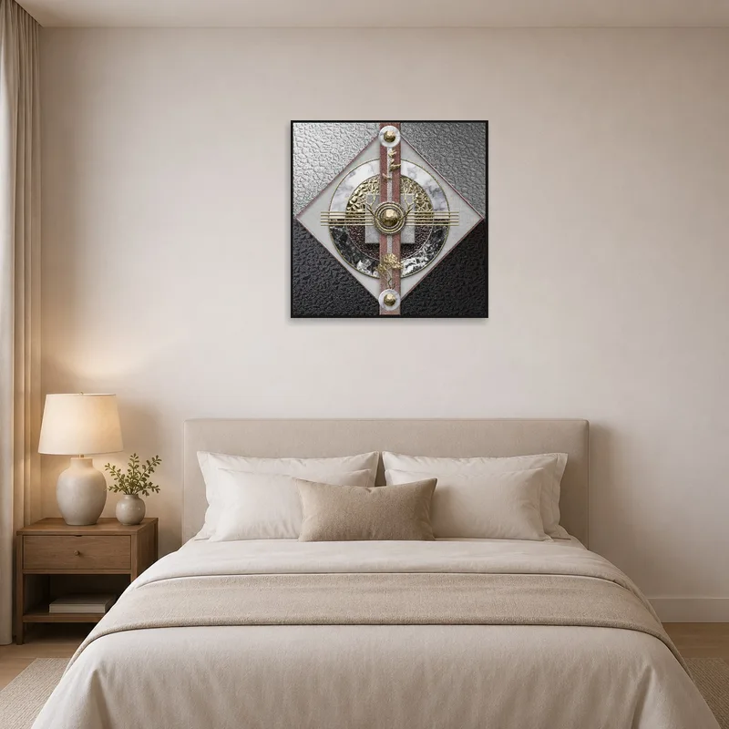 Geometric abstract piece with metallic accents adds elegance above a bed.