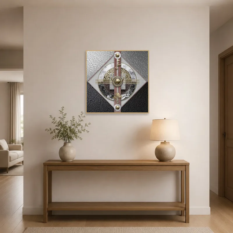 Bold geometric abstract with metallic accents welcomes guests in an entrance hall.
