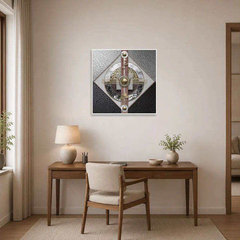 Geometric abstract art with metallic accents enhances creativity in a home-office.