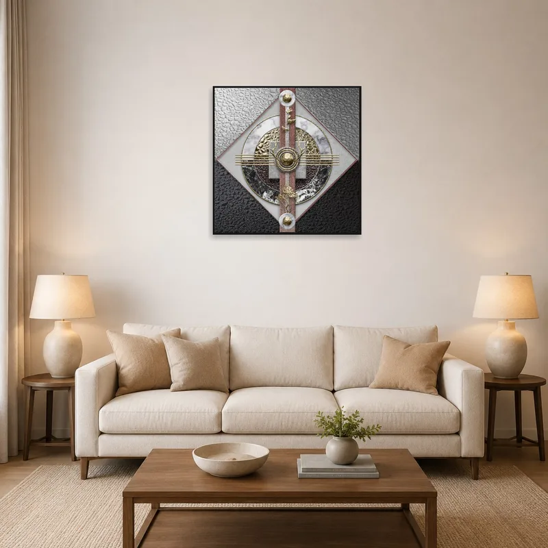 Geometric abstract art with metallic accents above a modern couch in the living room.