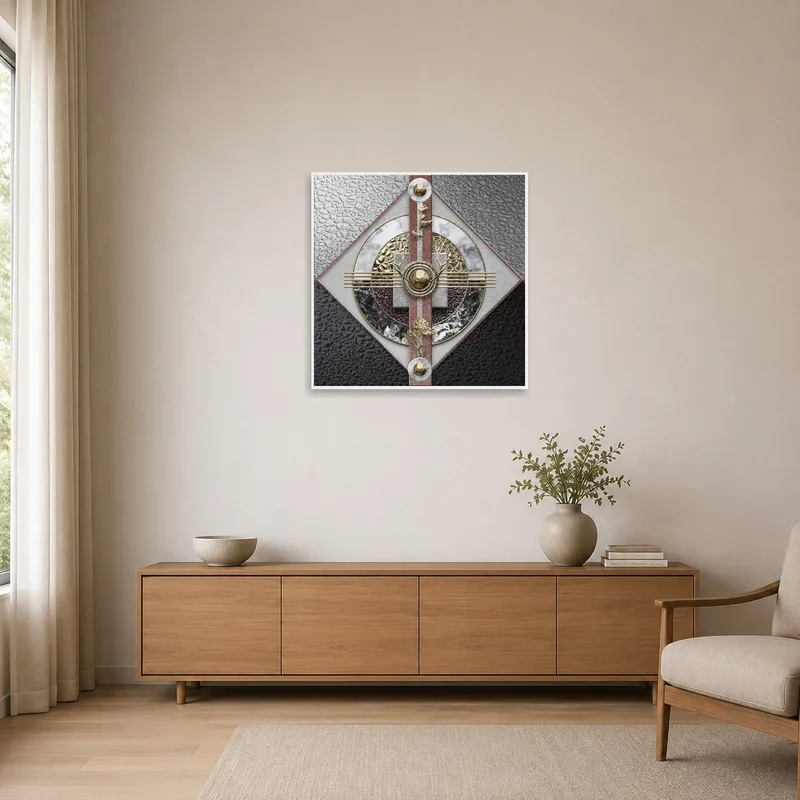 Simple geometric abstract art with metallic accents on a white wall in a minimalist space.