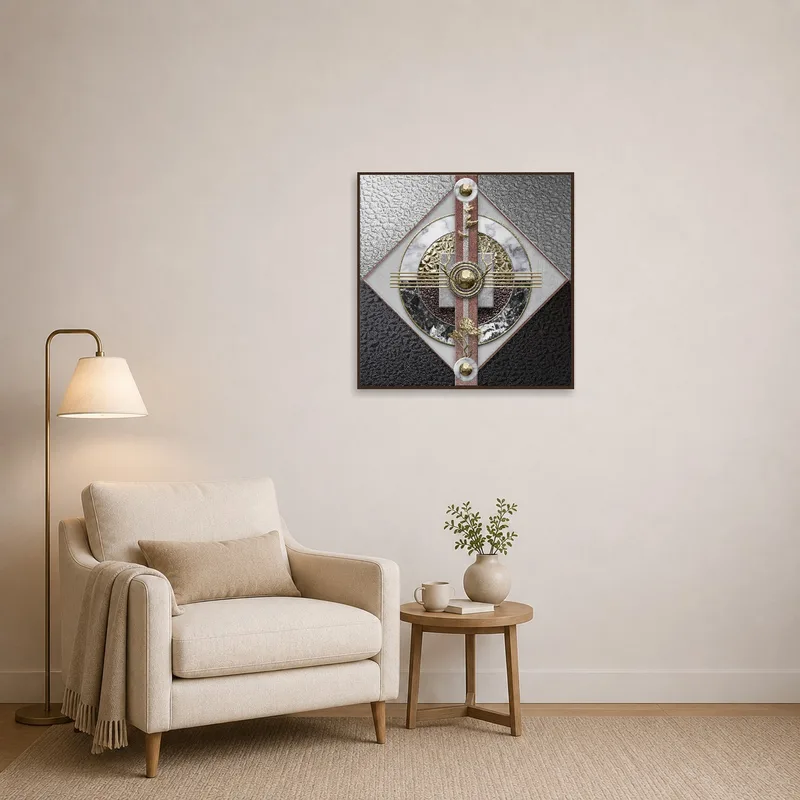 Geometric abstract art with metallic touches brightens a cozy reading nook.