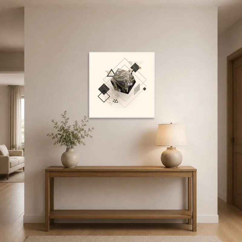 Cube art with gold tones welcoming guests in the entrance.