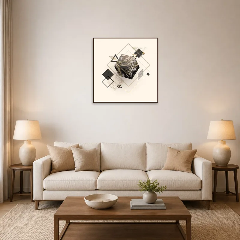 Geometric cube art with gold accents above a modern sofa.